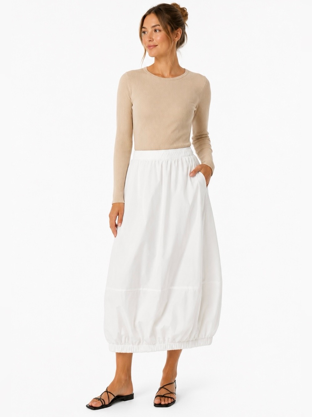 Planet by Lauren G Nylon Modern Bubble Skirt White 6 8 Minimal Career Luxury